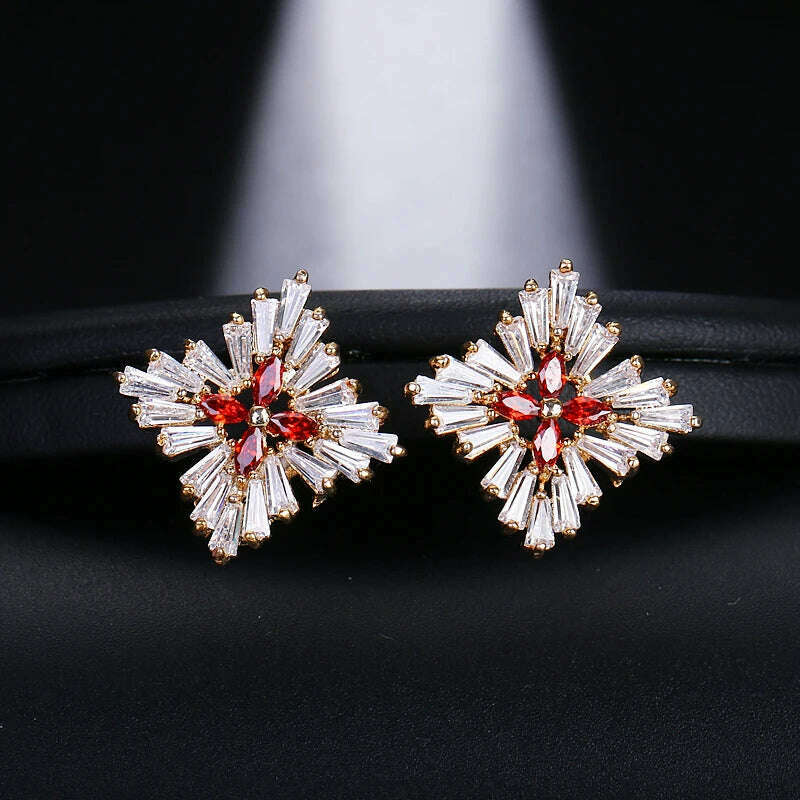 JMK Fashion Red Stone Cubic Zircon Dangle Earrings For Women Bridal Wedding Ruby Gemstone Jewelry Crystal Party Accessories Gift - KIMLUD
