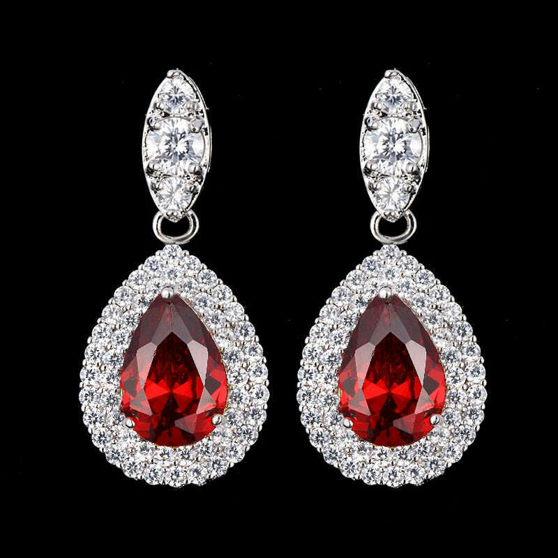JMK Fashion Red Stone Cubic Zircon Dangle Earrings For Women Bridal Wedding Ruby Gemstone Jewelry Crystal Party Accessories Gift - KIMLUD