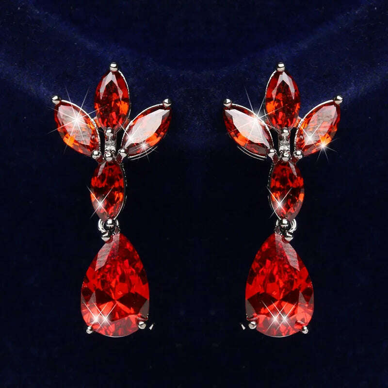 JMK Fashion Red Stone Cubic Zircon Dangle Earrings For Women Bridal Wedding Ruby Gemstone Jewelry Crystal Party Accessories Gift - KIMLUD