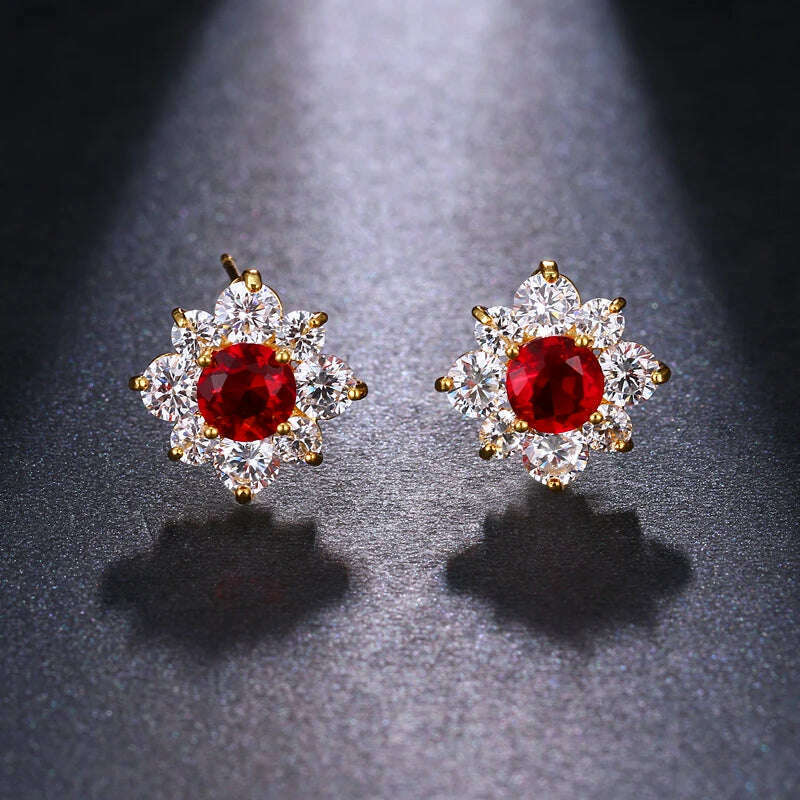 JMK Fashion Red Stone Cubic Zircon Dangle Earrings For Women Bridal Wedding Ruby Gemstone Jewelry Crystal Party Accessories Gift - KIMLUD