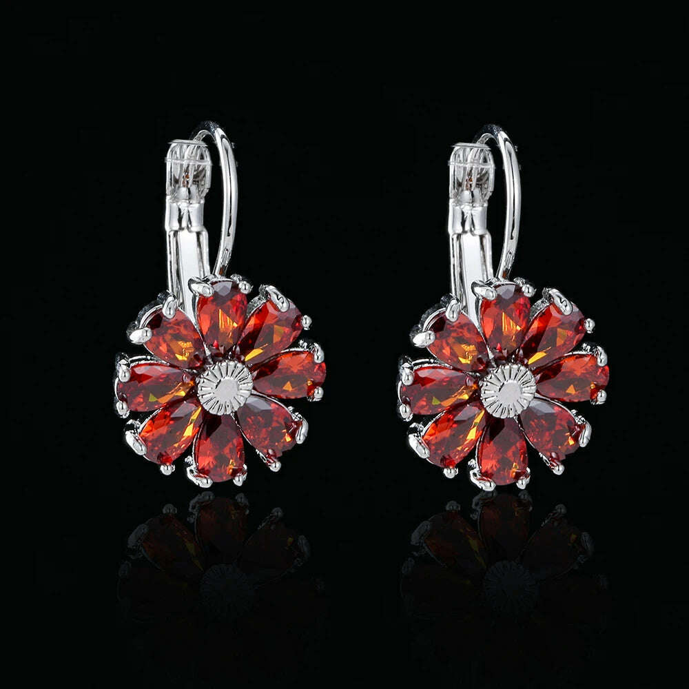 JMK Fashion Red Stone Cubic Zircon Dangle Earrings For Women Bridal Wedding Ruby Gemstone Jewelry Crystal Party Accessories Gift - KIMLUD
