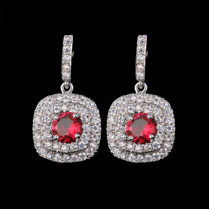 KIMLUD, JMK Fashion Red Stone Cubic Zircon Dangle Earrings For Women Bridal Wedding Ruby Gemstone Jewelry Crystal Party Accessories Gift, 388 Red silver / Red, KIMLUD Womens Clothes