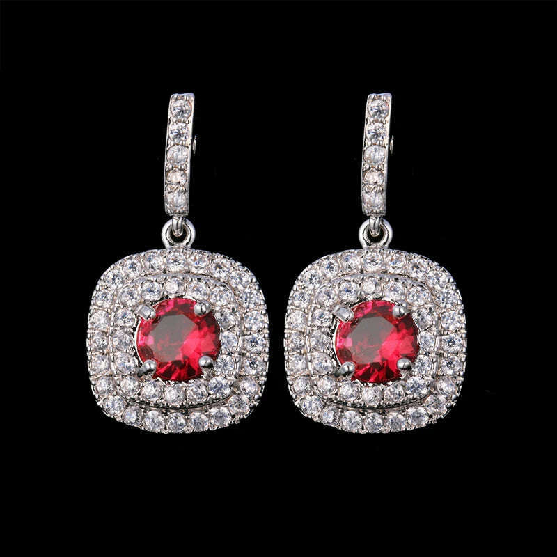 JMK Fashion Red Stone Cubic Zircon Dangle Earrings For Women Bridal Wedding Ruby Gemstone Jewelry Crystal Party Accessories Gift - KIMLUD