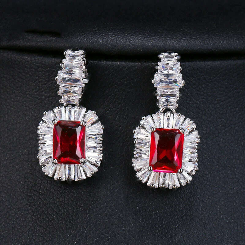 KIMLUD, JMK Fashion Red Stone Cubic Zircon Dangle Earrings For Women Bridal Wedding Ruby Gemstone Jewelry Crystal Party Accessories Gift, 564 Red silver / Red, KIMLUD Women's Clothes