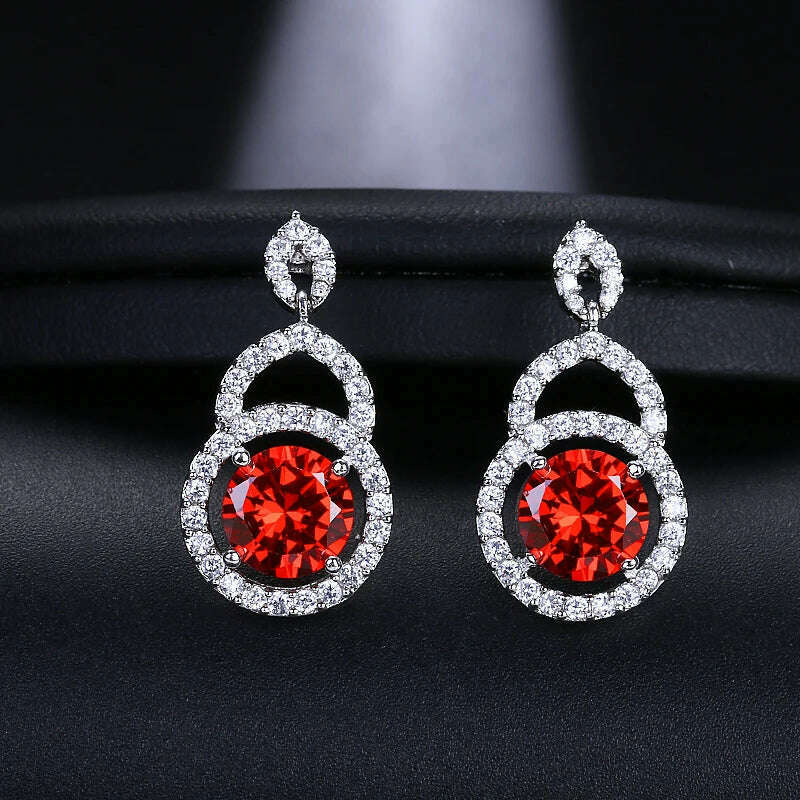 JMK Fashion Red Stone Cubic Zircon Dangle Earrings For Women Bridal Wedding Ruby Gemstone Jewelry Crystal Party Accessories Gift - KIMLUD