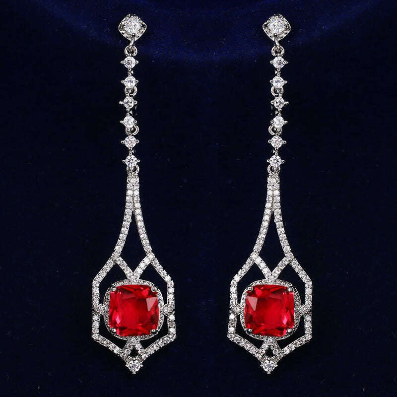 KIMLUD, JMK Fashion Red Stone Cubic Zircon Dangle Earrings For Women Bridal Wedding Ruby Gemstone Jewelry Crystal Party Accessories Gift, 731 Red silver / Red, KIMLUD Women's Clothes
