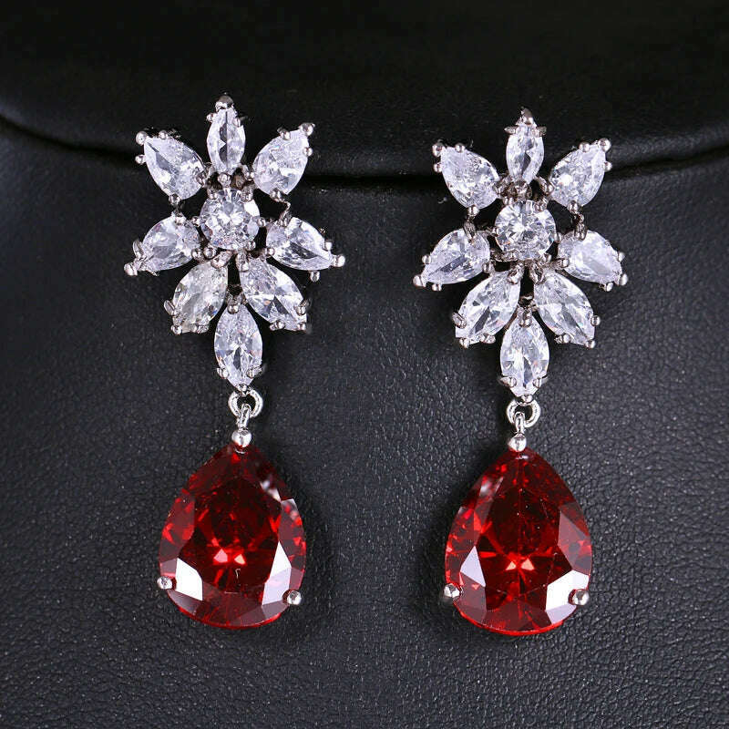 KIMLUD, JMK Fashion Red Stone Cubic Zircon Dangle Earrings For Women Bridal Wedding Ruby Gemstone Jewelry Crystal Party Accessories Gift, 629 Red silver / Red, KIMLUD Women's Clothes