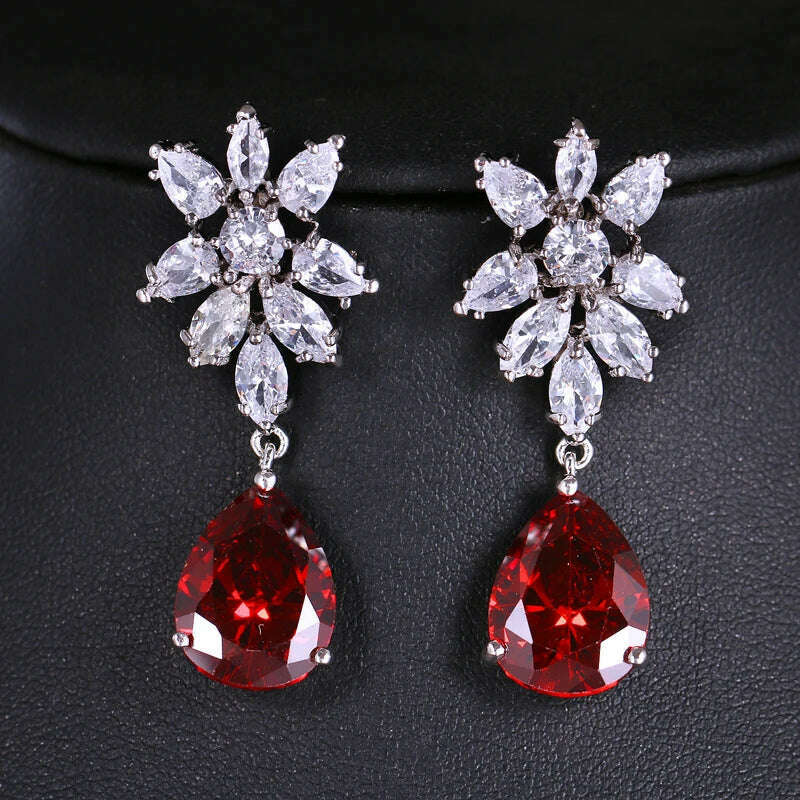 JMK Fashion Red Stone Cubic Zircon Dangle Earrings For Women Bridal Wedding Ruby Gemstone Jewelry Crystal Party Accessories Gift - KIMLUD
