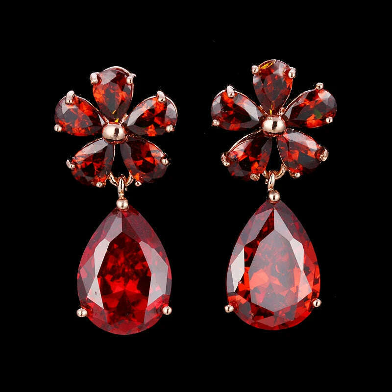 JMK Fashion Red Stone Cubic Zircon Dangle Earrings For Women Bridal Wedding Ruby Gemstone Jewelry Crystal Party Accessories Gift - KIMLUD