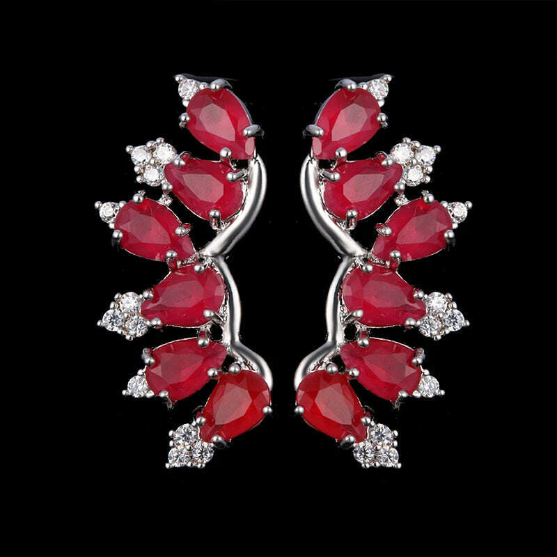JMK Fashion Red Stone Cubic Zircon Dangle Earrings For Women Bridal Wedding Ruby Gemstone Jewelry Crystal Party Accessories Gift - KIMLUD