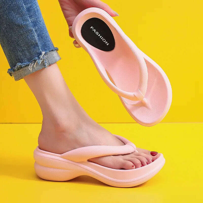 KIMLUD, JMPRS Thick Sole Wedges Flip Flops for Women 2023 Summer Clip Toe Platform Sandals Woman Non Slip Beach Slippers Outdoor Slides, Pink / 35-36, KIMLUD Women's Clothes