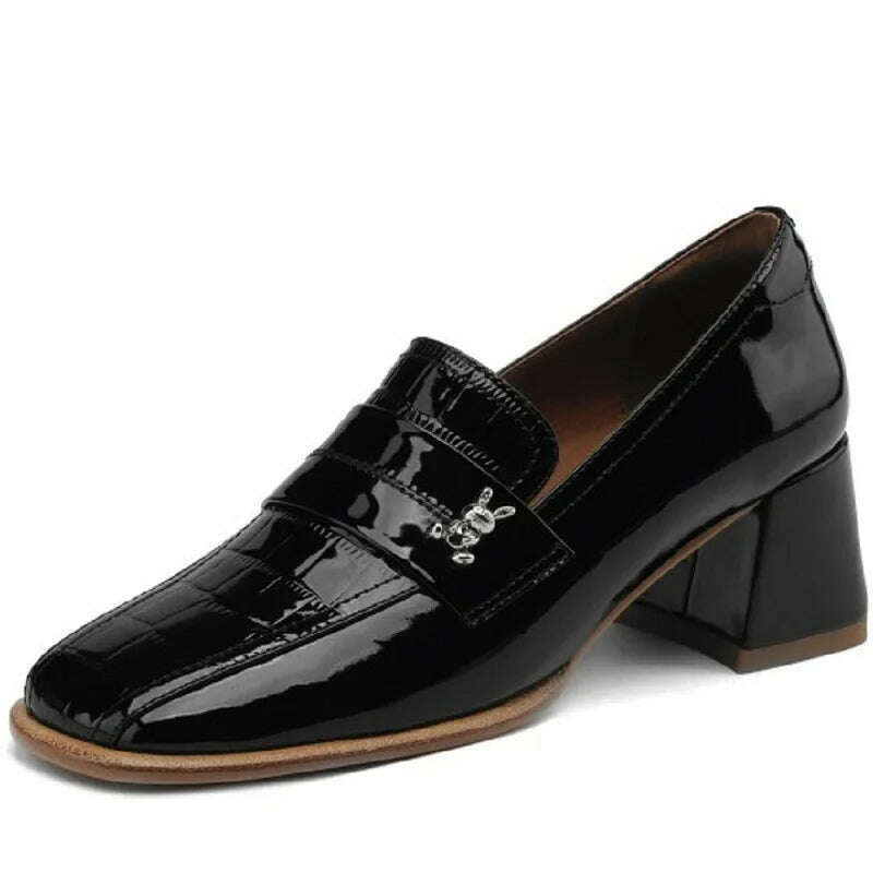 KIMLUD, 【JOCHEBED HU】Fall Shoes Genuine Leather Woman Shoes Square Toe Chunky Heel Shoes Slip-On Pumps Solid High Heels Classics Ladies, black / 34, KIMLUD APPAREL - Womens Clothes