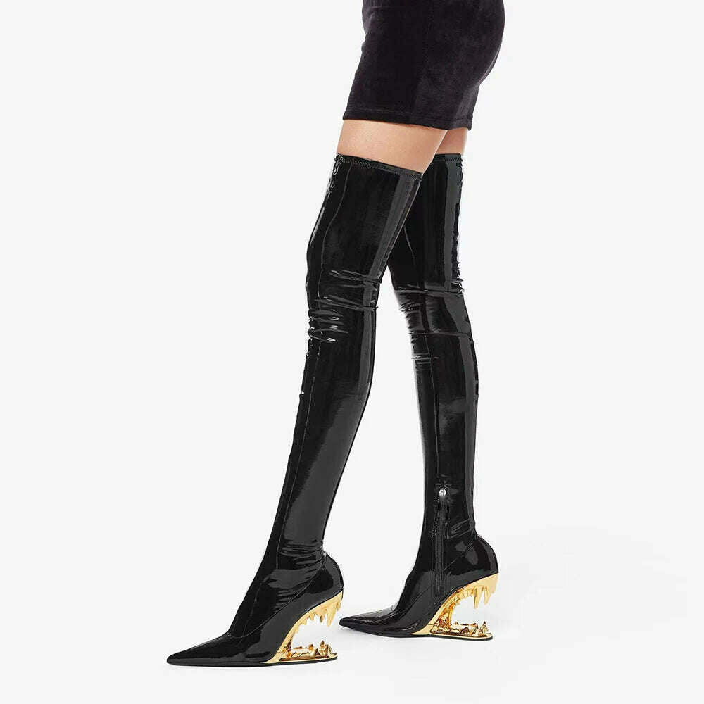 KIMLUD, 【JOCHEBED HU】Gold Plated Heel Love Wedge Bootie elasticity Pointy Toe Full Stretch Over the Knee Boots Size 33-44, black light / 33, KIMLUD Womens Clothes