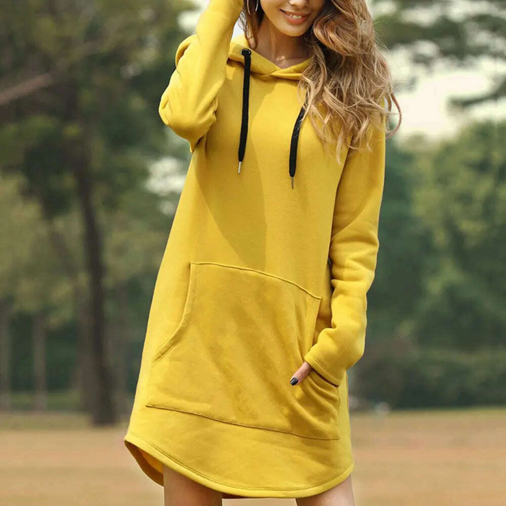 Jocoo Jolee Casual Loose Solid Women Hoodies Long Style Sweatshirt Casual Pocket Oversized Hoodie kpop Hoody Dress Pullover - KIMLUD