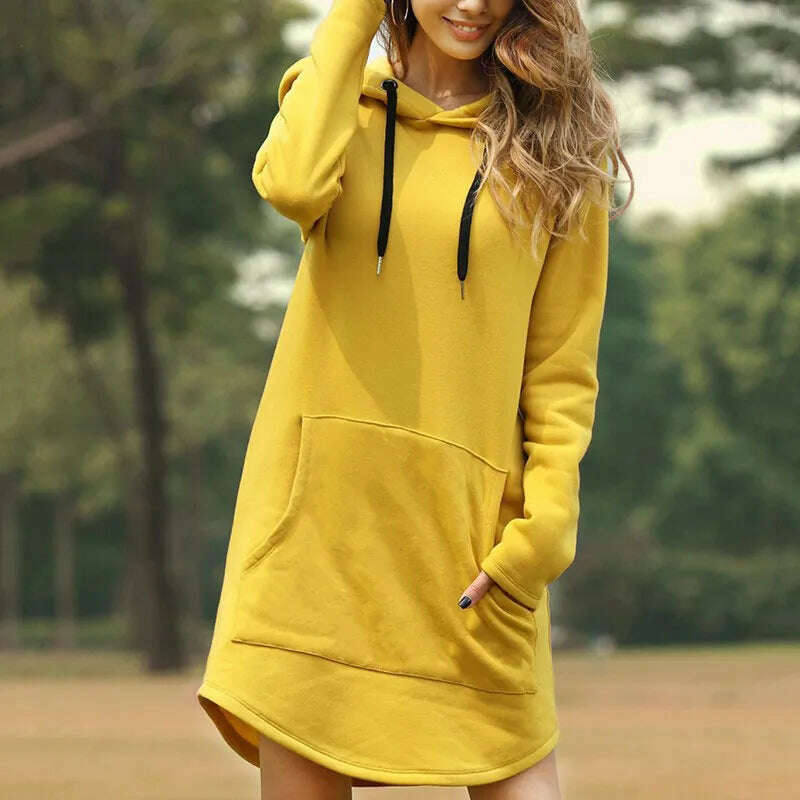Jocoo Jolee Casual Loose Solid Women Hoodies Long Style Sweatshirt Casual Pocket Oversized Hoodie kpop Hoody Dress Pullover - KIMLUD