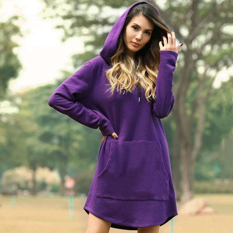 Jocoo Jolee Casual Loose Solid Women Hoodies Long Style Sweatshirt Casual Pocket Oversized Hoodie kpop Hoody Dress Pullover - KIMLUD