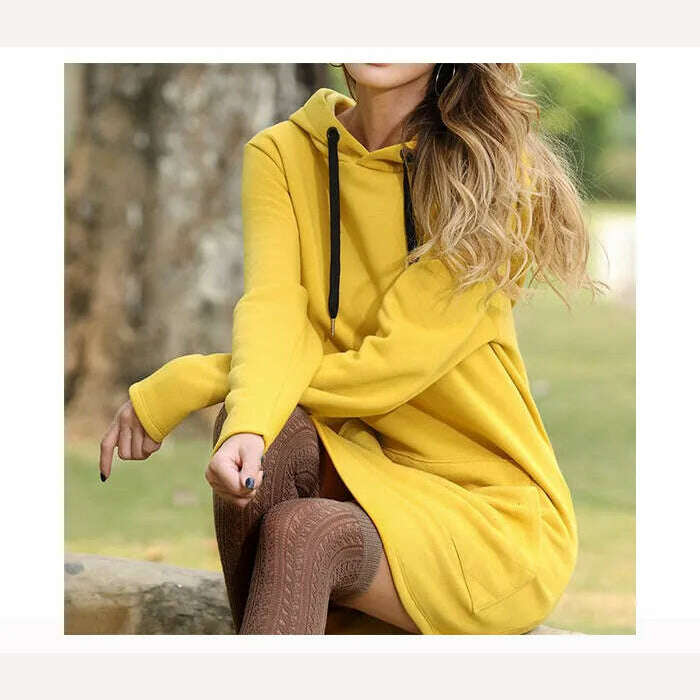 Jocoo Jolee Casual Loose Solid Women Hoodies Long Style Sweatshirt Casual Pocket Oversized Hoodie kpop Hoody Dress Pullover - KIMLUD