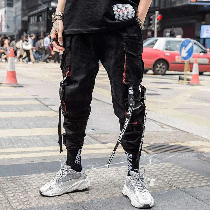 Joggers Cargo Pants for Men Casual Hip Hop Hit Color Pocket Male Trousers Sweatpants Streetwear Ribbons Techwear Pants - KIMLUD