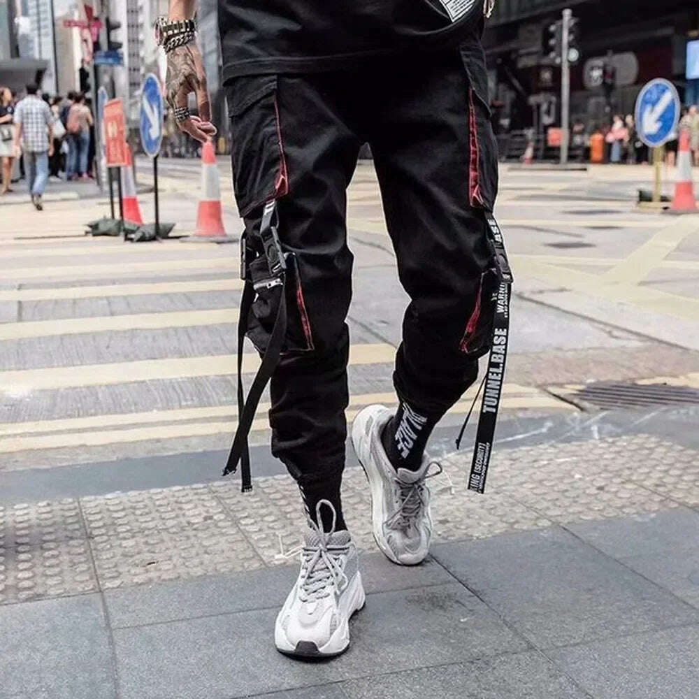Joggers Cargo Pants for Men Casual Hip Hop Hit Color Pocket Male Trousers Sweatpants Streetwear Ribbons Techwear Pants - KIMLUD