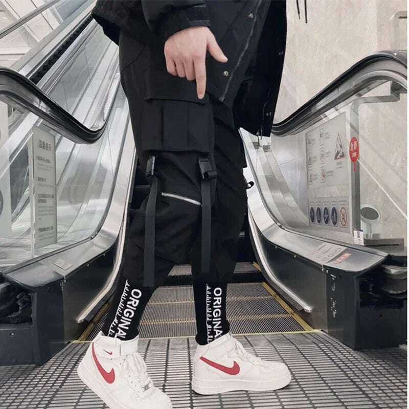 Joggers Cargo Pants for Men Casual Hip Hop Hit Color Pocket Male Trousers Sweatpants Streetwear Ribbons Techwear Pants - KIMLUD