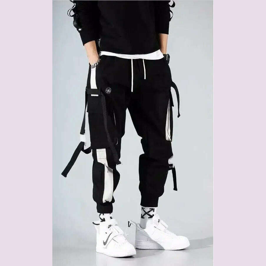 Joggers Cargo Pants for Men Casual Hip Hop Hit Color Pocket Male Trousers Sweatpants Streetwear Ribbons Techwear Pants - KIMLUD
