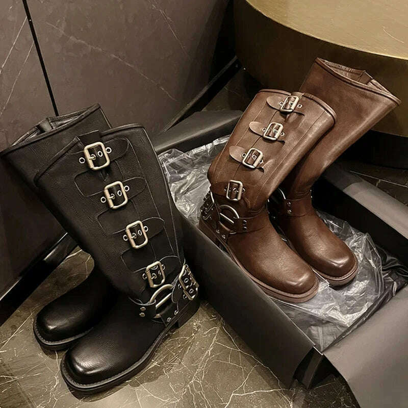 KIMLUD, JOZHAMTA Size 34-42  Vintage Women Knee-High Boots Fashion Pleated Thick Heels Genuine Leather Shoes Woman Autumn Winter Retro, KIMLUD Womens Clothes