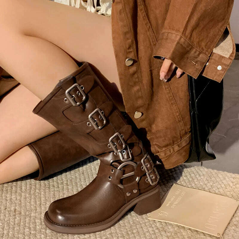 KIMLUD, JOZHAMTA Size 34-42  Vintage Women Knee-High Boots Fashion Pleated Thick Heels Genuine Leather Shoes Woman Autumn Winter Retro, KIMLUD Womens Clothes