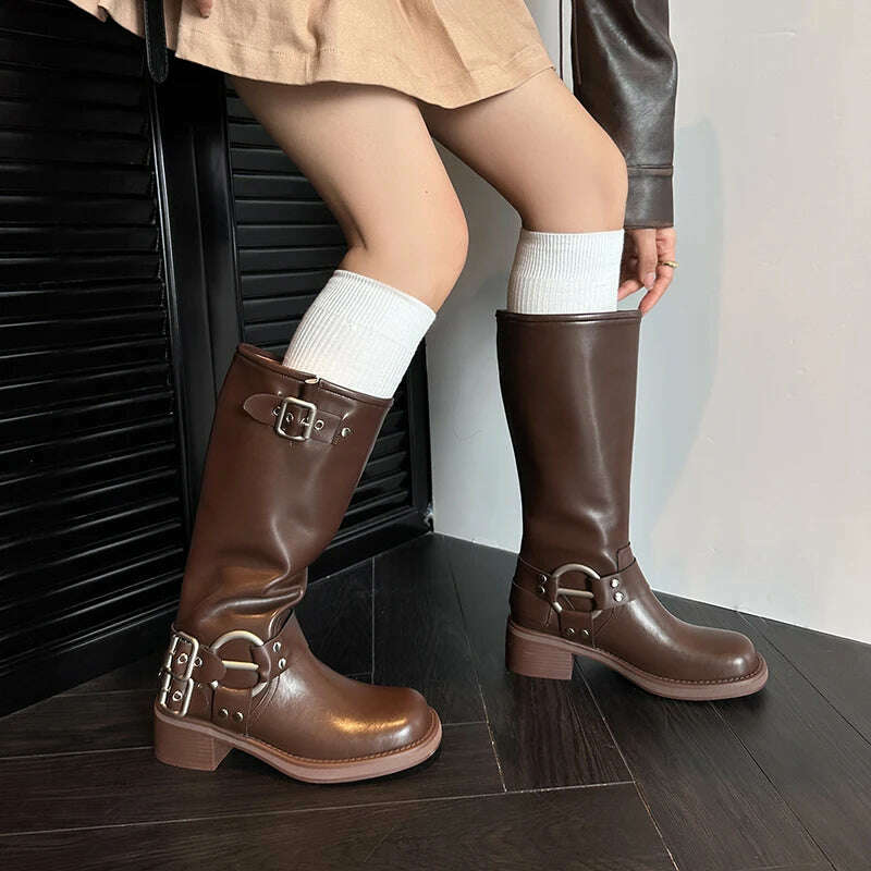 KIMLUD, JOZHAMTA Size 34-42  Vintage Women Knee-High Boots Fashion Pleated Thick Heels Genuine Leather Shoes Woman Autumn Winter Retro, KIMLUD Womens Clothes