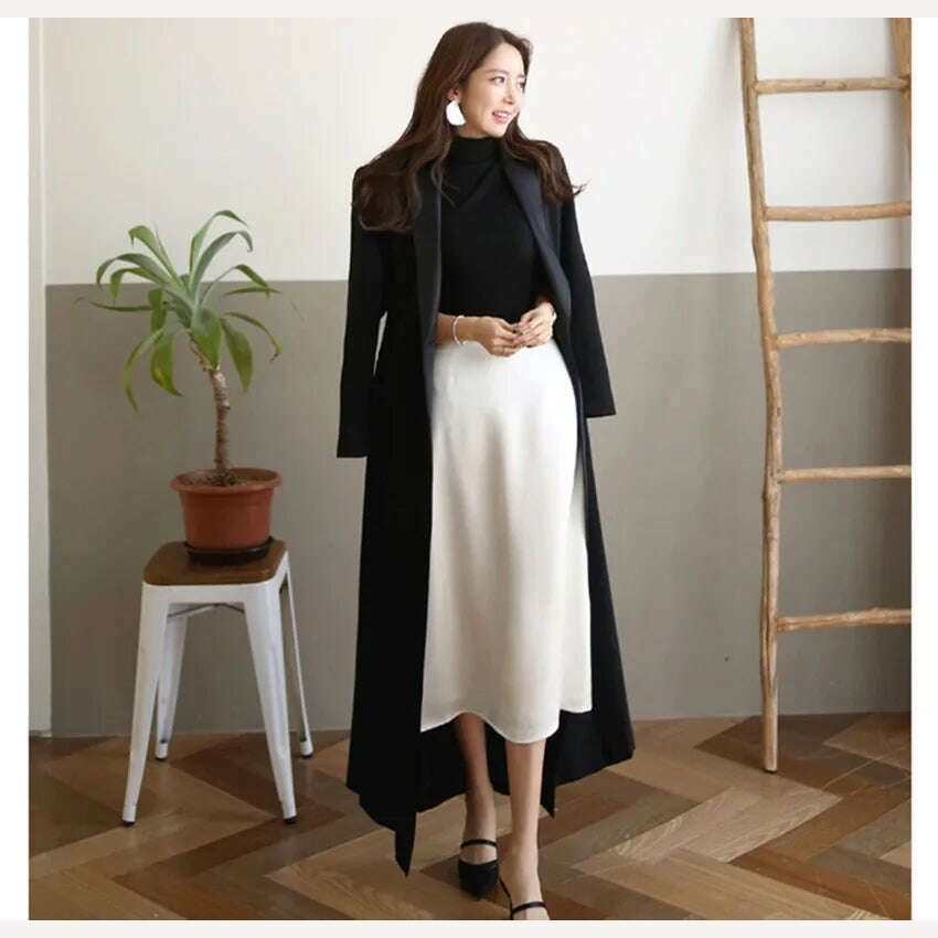 KIMLUD, JSXDHK High Quality Double-Breasted Women Long Dress Spring Autumn Notched Collar Long Sleeve Belt Dress Elegant Office OL Dress, KIMLUD Womens Clothes