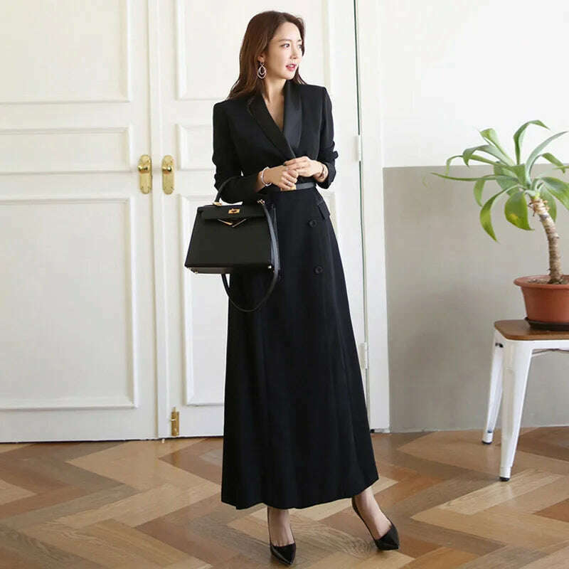 KIMLUD, JSXDHK High Quality Double-Breasted Women Long Dress Spring Autumn Notched Collar Long Sleeve Belt Dress Elegant Office OL Dress, long sleeve / S, KIMLUD Womens Clothes