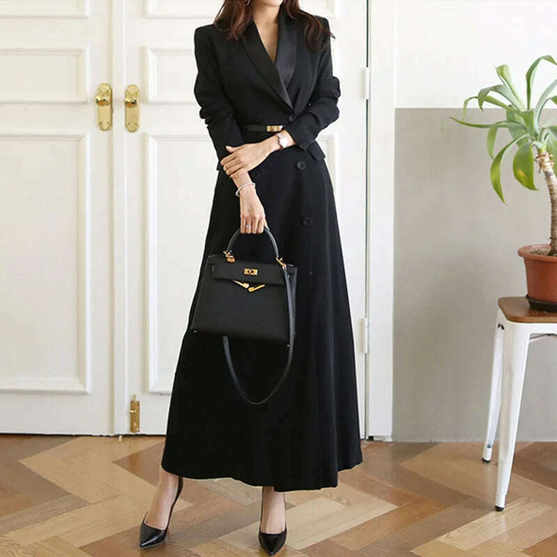 KIMLUD, JSXDHK High Quality Double-Breasted Women Long Dress Spring Autumn Notched Collar Long Sleeve Belt Dress Elegant Office OL Dress, KIMLUD Womens Clothes