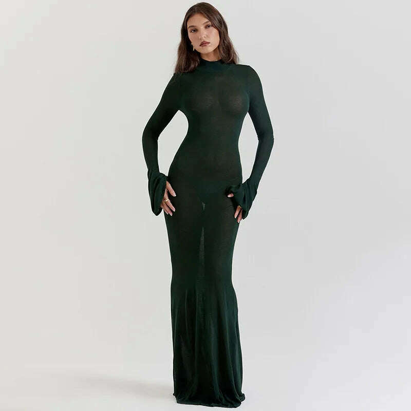 JULISSA MO Elegant Women's Sexy Backless Long Sleeve O-Neck Evening Dress For Femme Autumn Slim Bodycon Party Maxi Dress 2023, Green / S, KIMLUD Women's Clothes