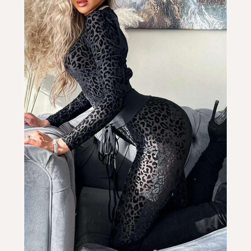 Jumpsuit Women 2023 Spring Fashion Leopard Print Mock Neck Casual Long Sleeve Skinny Daily Semi-Sheer Jumpsuit Y2K Streetwear - KIMLUD
