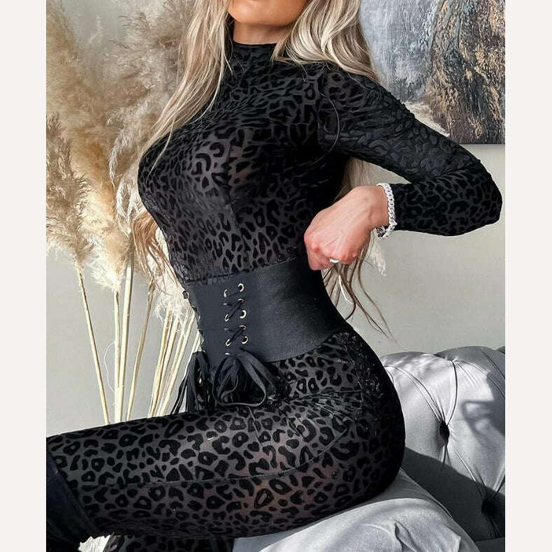 Jumpsuit Women 2023 Spring Fashion Leopard Print Mock Neck Casual Long Sleeve Skinny Daily Semi-Sheer Jumpsuit Y2K Streetwear - KIMLUD