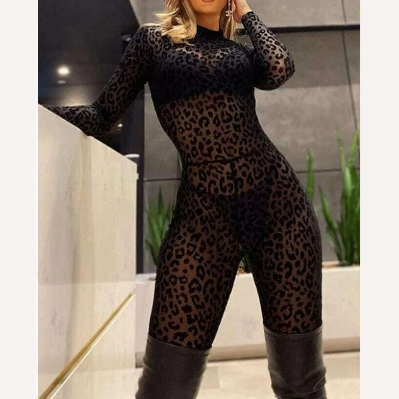 Jumpsuit Women 2023 Spring Fashion Leopard Print Mock Neck Casual Long Sleeve Skinny Daily Semi-Sheer Jumpsuit Y2K Streetwear - KIMLUD