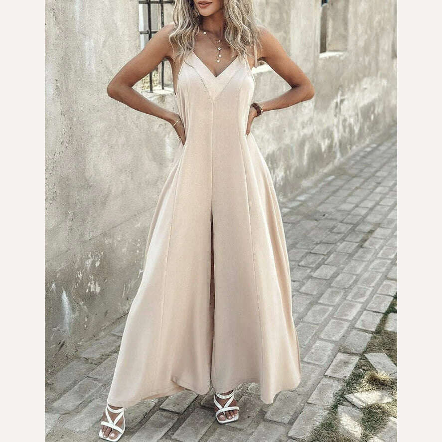 KIMLUD, Jumpsuit Women 2024 Summer Fashion Tied Detail Ruched Casual V-Neck Spaghetti Strap Plain Loose Daily Long Wide Leg Jumpsuit, A / XL, KIMLUD Womens Clothes