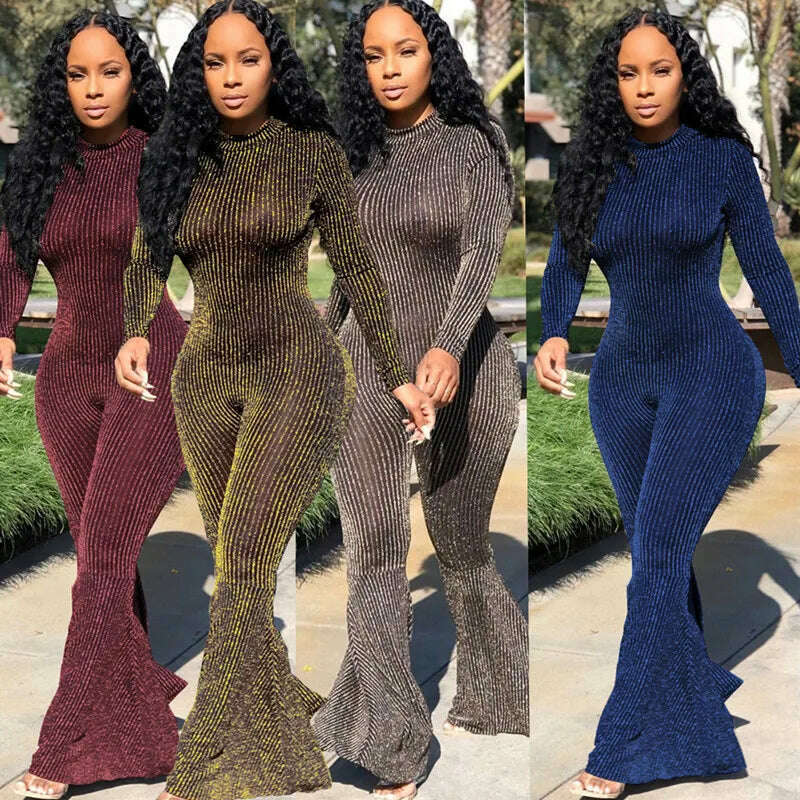 Jumpsuits for Women 2021 Sexy Club Outfits Bodycon Waist Striped Long Sleeve Round Neck Long Jumpsuit Wholesale Dropshipping, KIMLUD Women's Clothes