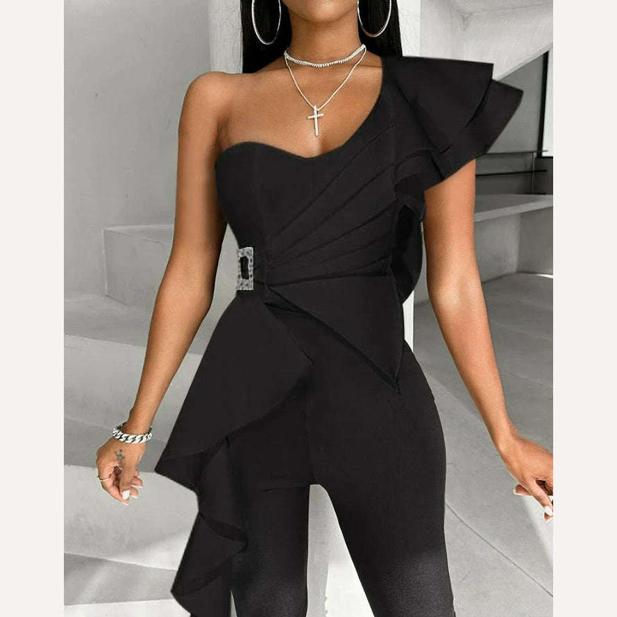 KIMLUD, Jumpsuits for Women High Waist Skinny Women One Pieces Bodysuit 2024 Spring Summer One Shoulder Short Sleeve Elegant Jumpsuit, A / XL, KIMLUD APPAREL - Womens Clothes