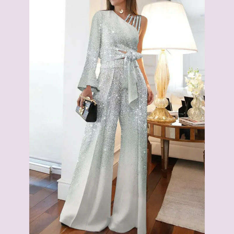 Jumpsuits Women Sequins Splice Wide Leg Pants Casual One Shoulder Irregular High Waist Lace Up Rompers Loose Summer 2024 - KIMLUD