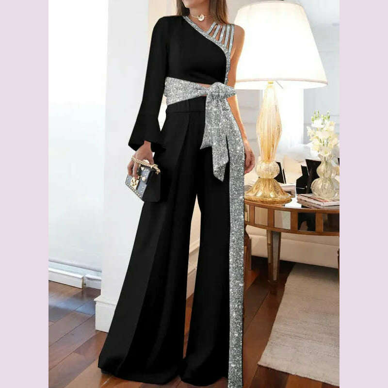Jumpsuits Women Sequins Splice Wide Leg Pants Casual One Shoulder Irregular High Waist Lace Up Rompers Loose Summer 2024 - KIMLUD