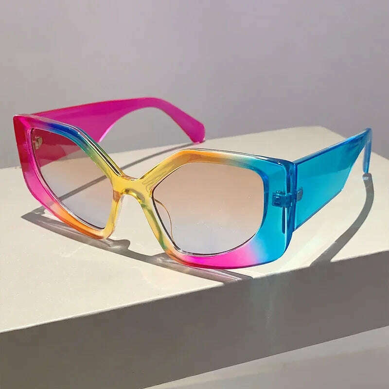 KIMLUD, KAMMPT New Polygon Women Sunglasses Vintage Multi Gradient Candy Color Shades 2023 Trendy Brand Designer Travelling Eyewear, multi-gradient tea / without case, KIMLUD Women's Clothes