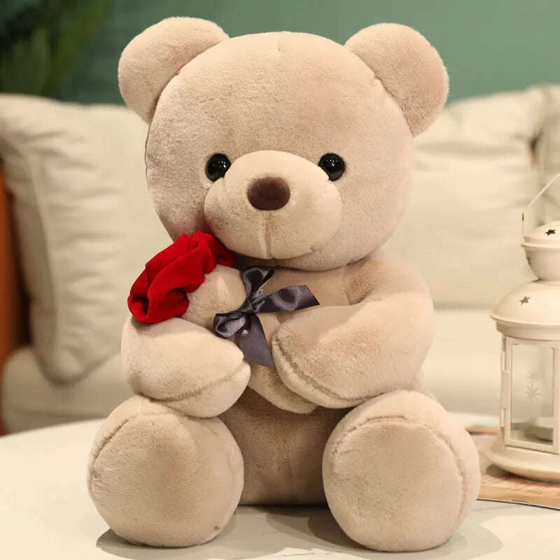 KIMLUD, Kawaii Teddy Bear with Roses Plush Toy Soft Bear Stuffed Doll Romantic Gift for Lover Home Decor Valentine's Day Gifts for Girls, Brown / 23cm, KIMLUD Women's Clothes