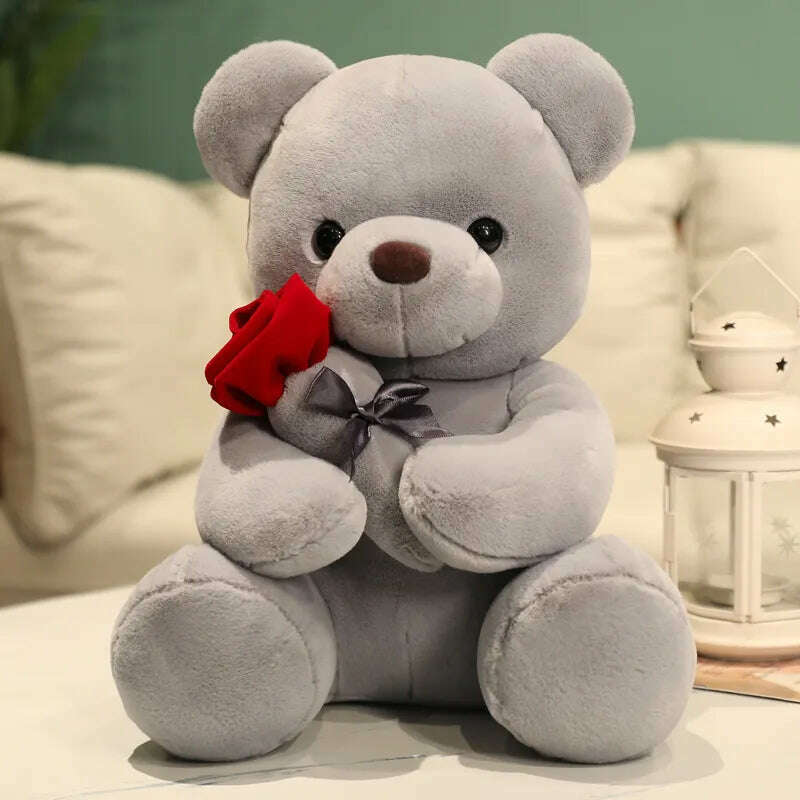 KIMLUD, Kawaii Teddy Bear with Roses Plush Toy Soft Bear Stuffed Doll Romantic Gift for Lover Home Decor Valentine's Day Gifts for Girls, GRAY / 23cm, KIMLUD Women's Clothes