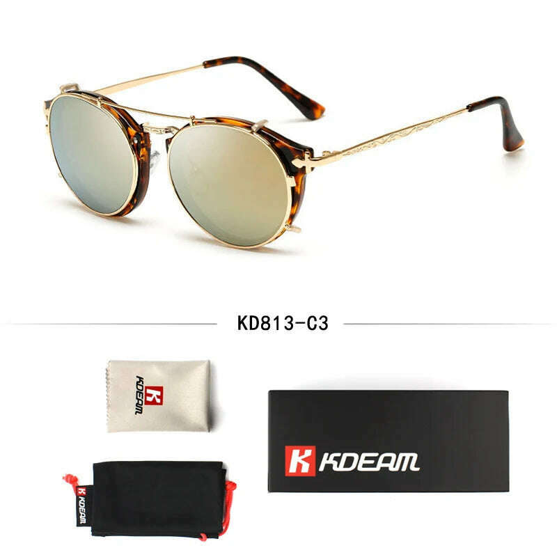 KIMLUD, Kdeam Happy Clip On Sunglasses Men Removable Round Glasses Steampunk Women Carve Design Sunglass With Brand Box, C3, KIMLUD APPAREL - Womens Clothes