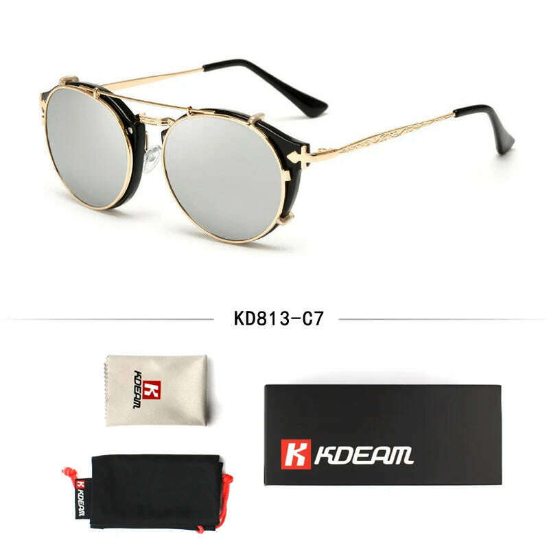 KIMLUD, Kdeam Happy Clip On Sunglasses Men Removable Round Glasses Steampunk Women Carve Design Sunglass With Brand Box, C7, KIMLUD APPAREL - Womens Clothes