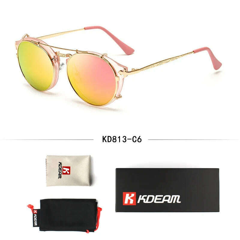 KIMLUD, Kdeam Happy Clip On Sunglasses Men Removable Round Glasses Steampunk Women Carve Design Sunglass With Brand Box, C6, KIMLUD APPAREL - Womens Clothes