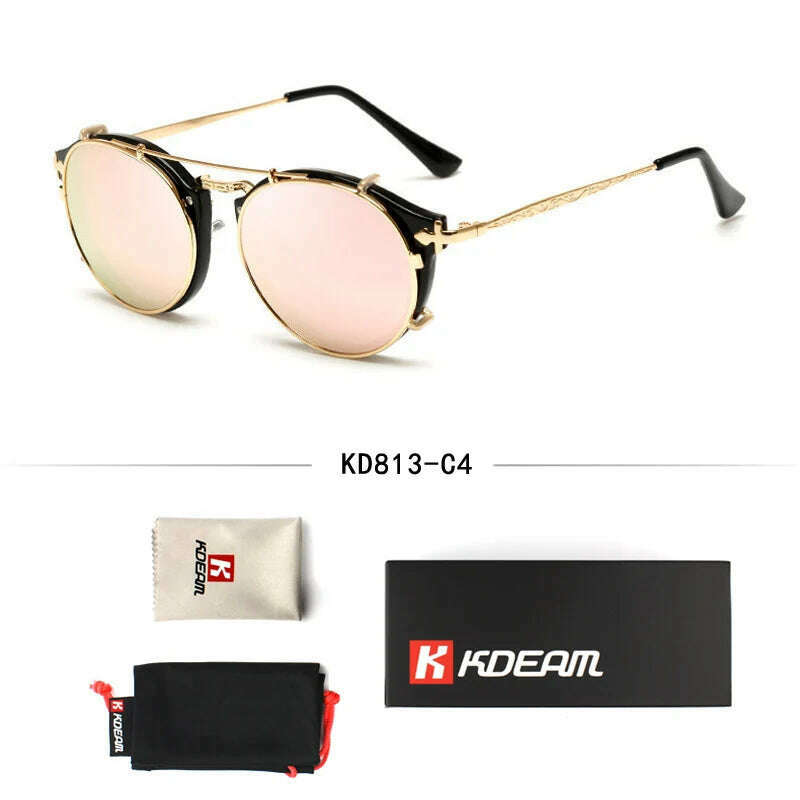KIMLUD, Kdeam Happy Clip On Sunglasses Men Removable Round Glasses Steampunk Women Carve Design Sunglass With Brand Box, C4, KIMLUD APPAREL - Womens Clothes