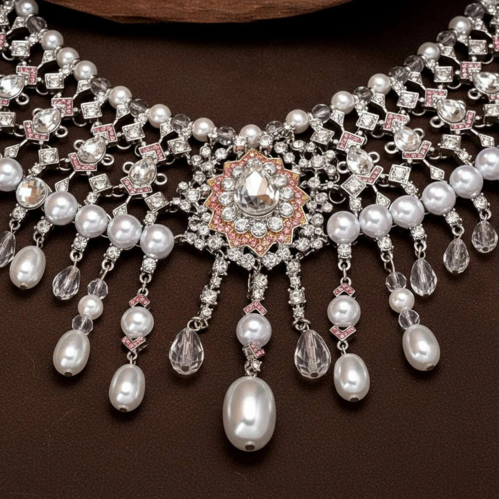 KEQIU Heavy industry imitation pearl tassel necklace, retro court Baroque style bridal dress, luxurious short necklace