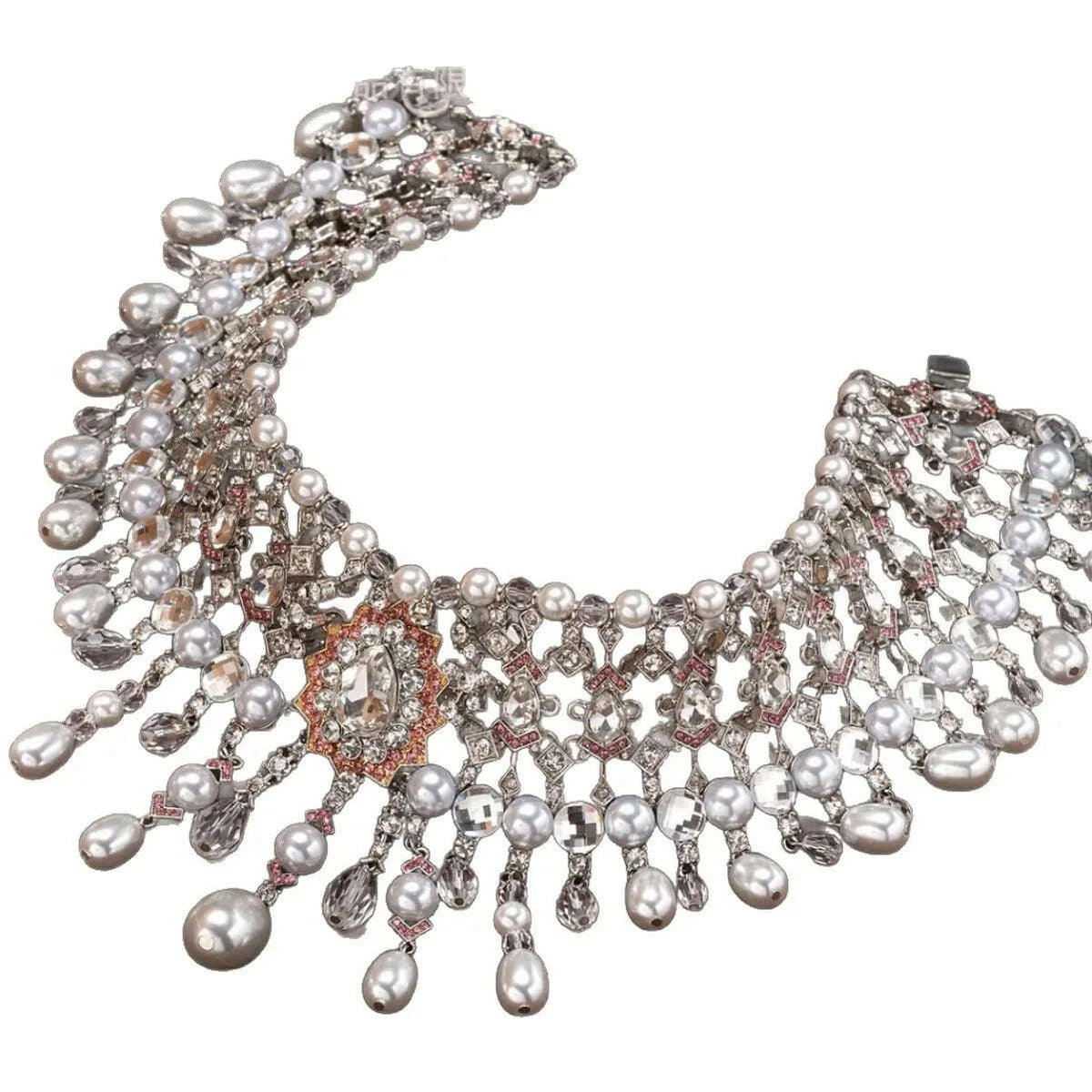 KEQIU Heavy industry imitation pearl tassel necklace, retro court Baroque style bridal dress, luxurious short necklace