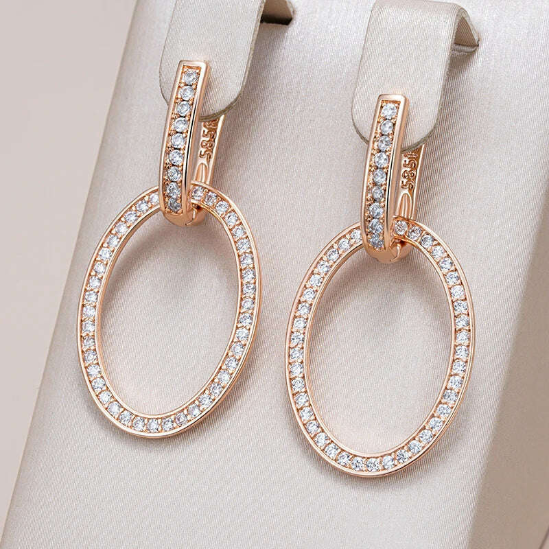Kienl Hot Full Shiny Natural Zircon Big Drop Earring for Women 585 Rose Gold Color Unique Round Crystal Daily Vintage Jewelry - KIMLUD